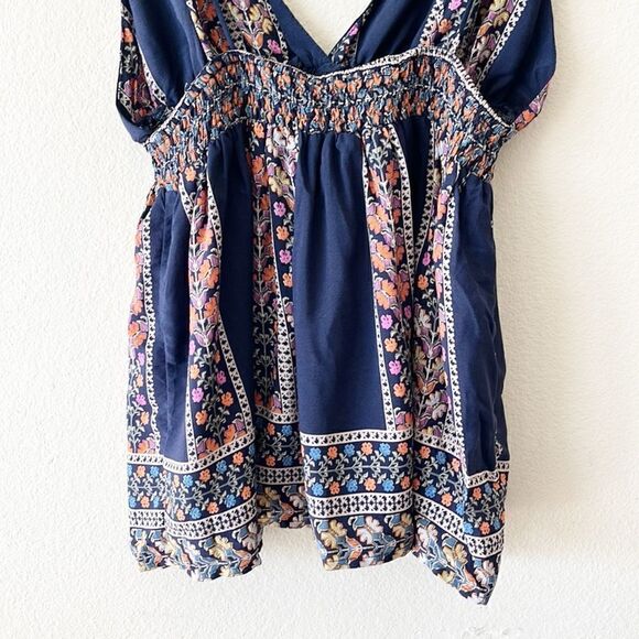 Blush Navy Bohemian Border Floral Print Smocked Casual Cami Tank Top - Picture 11 of 14